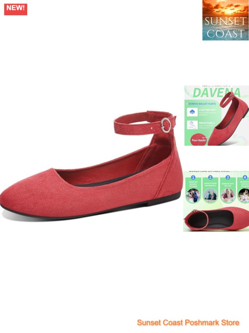 Faux Suede Ballet Flats Round Toe Ankle Strap Comfort Shoes Business Casual